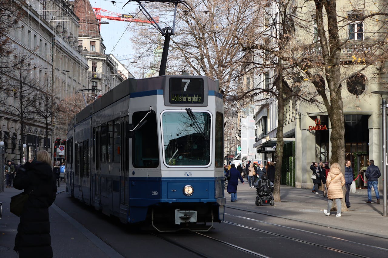Tram line 7 on Bahnhofstrasse in Zurich, showcasing urban life in the city during winter.